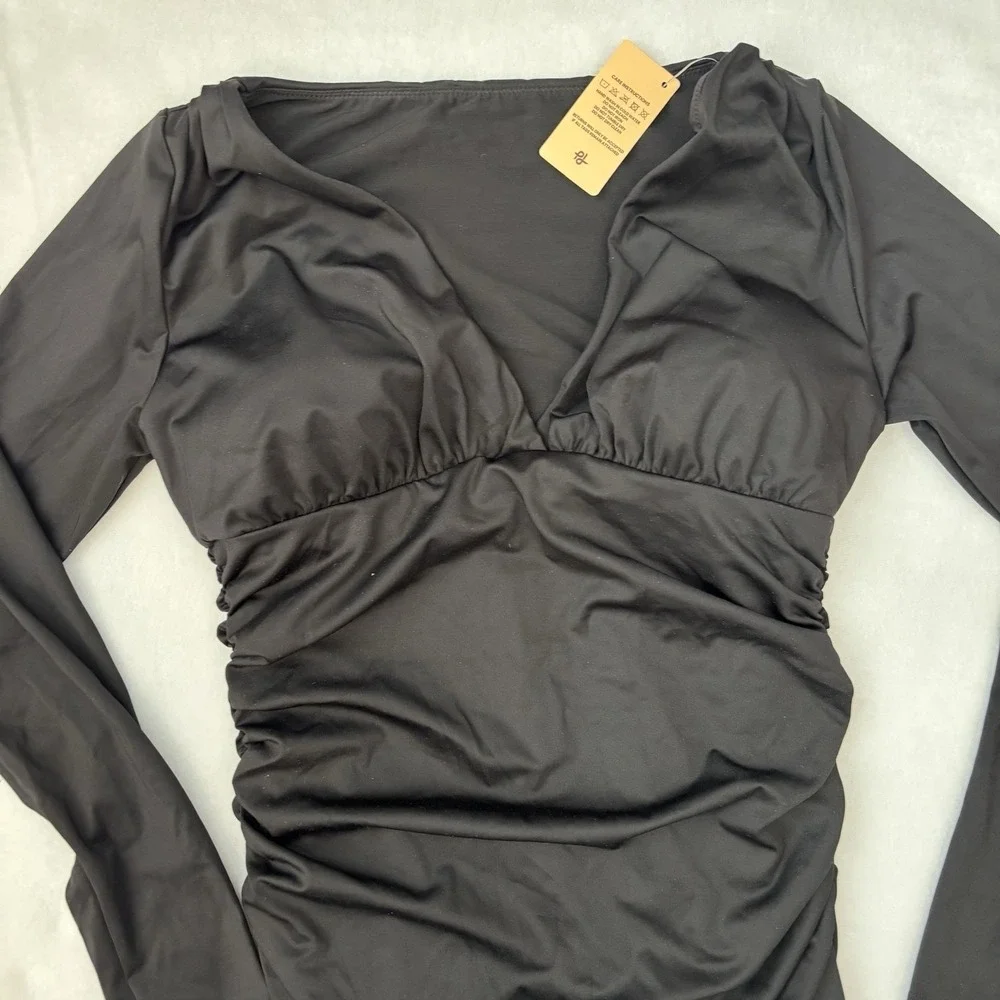 NWT Popilush Black Built in Shapewear Slimming Ruched Bodycon Dress Large Sleek - Picture 2 of 9